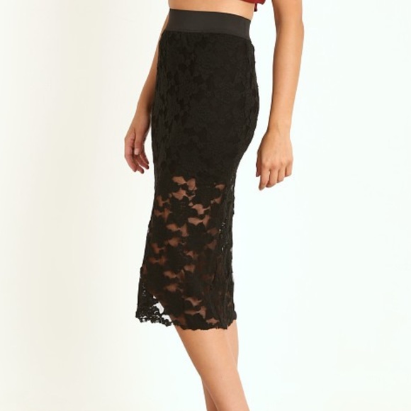 Free People Everything Rosey Black Lace Pencil Skirt with Elastic Band - Picture 3 of 9